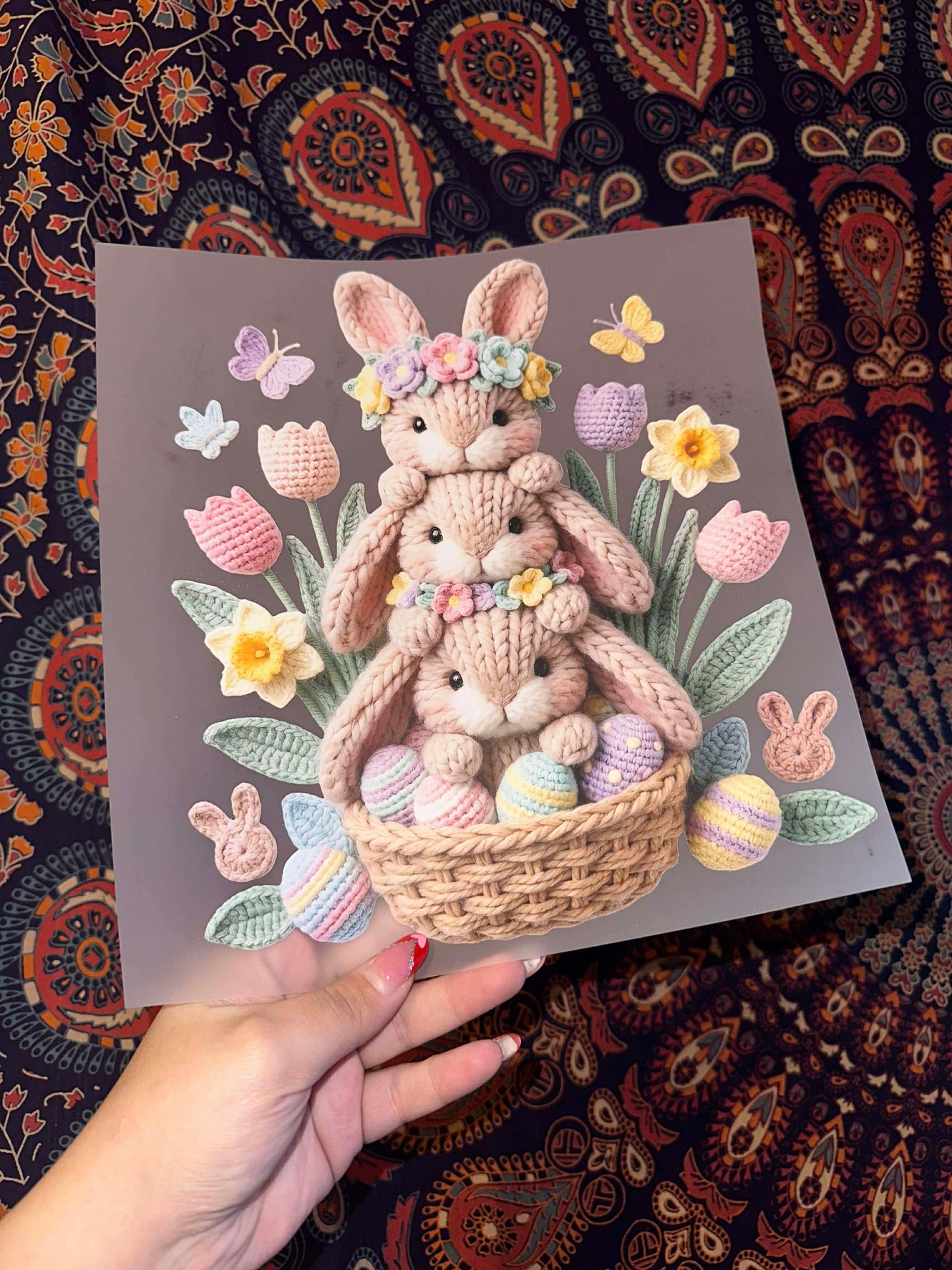 Bunnies In Basket Faux Knit- D