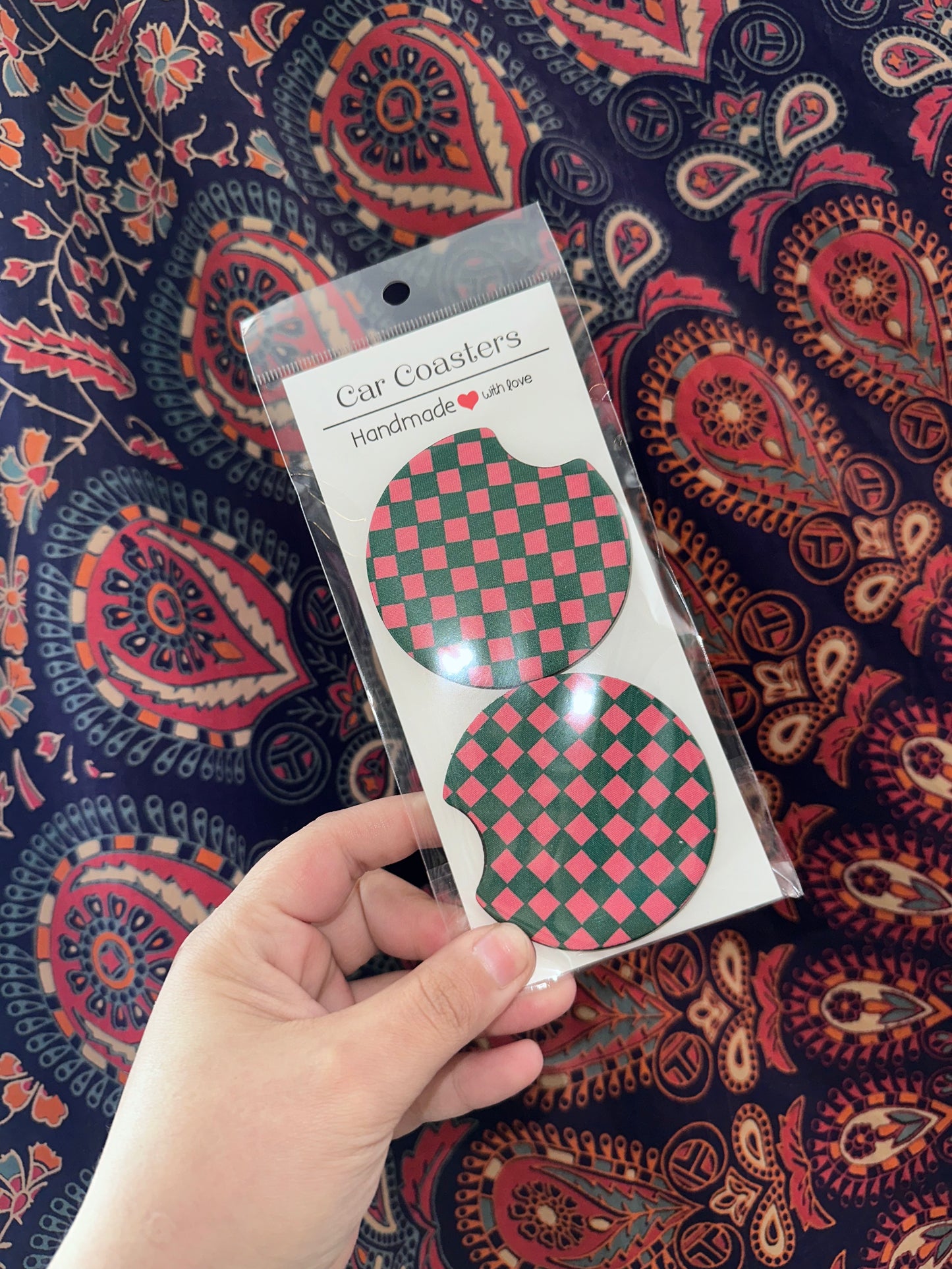 Green & Pink Checker Car Coaster Set