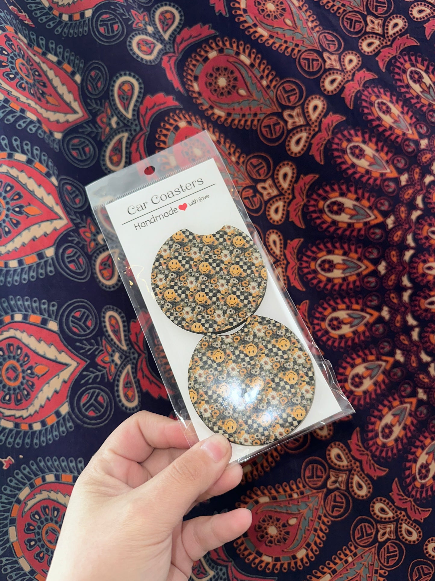 Smiley Checkered Car Coaster Set